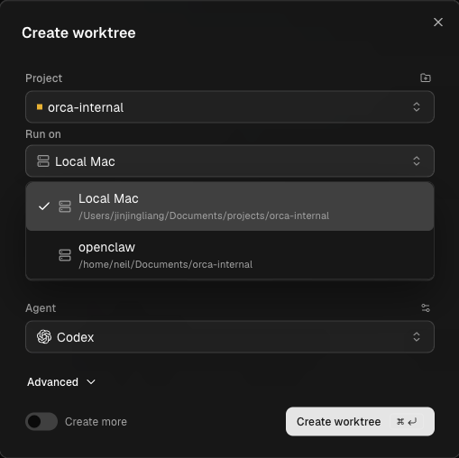 Create worktree(작업 트리 만들기) → Run on(실행 위치) — Local 또는 구성된 원격 호스트(여기서는 SSH를 통한 openclaw)를 선택합니다.